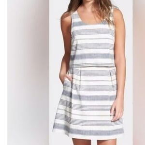 Madewell Striped Overlay Linen Blend Sleeveless Dress  Navy Ivory w/ Pockets Sm